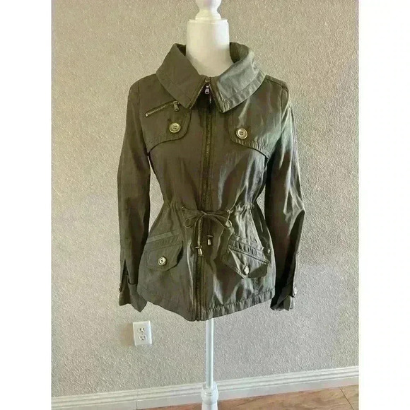 GUESS Women’s Size SM Military Green Trench Rain Coat Jacket Gold Draw String - Picture 2 of 7